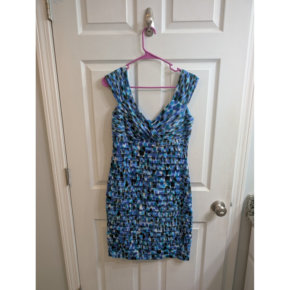 London Times Blue Abstract Print‎ Ruched Sheath Dress Womens - Size 8